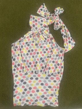 Guess Polka Dot Halter Tie-Neck Top — White with Pink, Yellow & Gray Dots